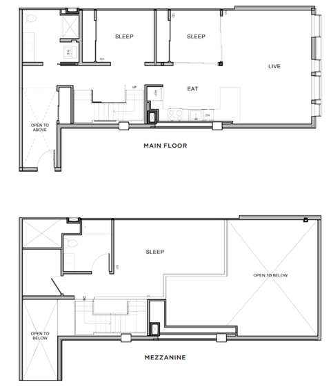 A floor plan of a house with two bedrooms and a mezzanine level.